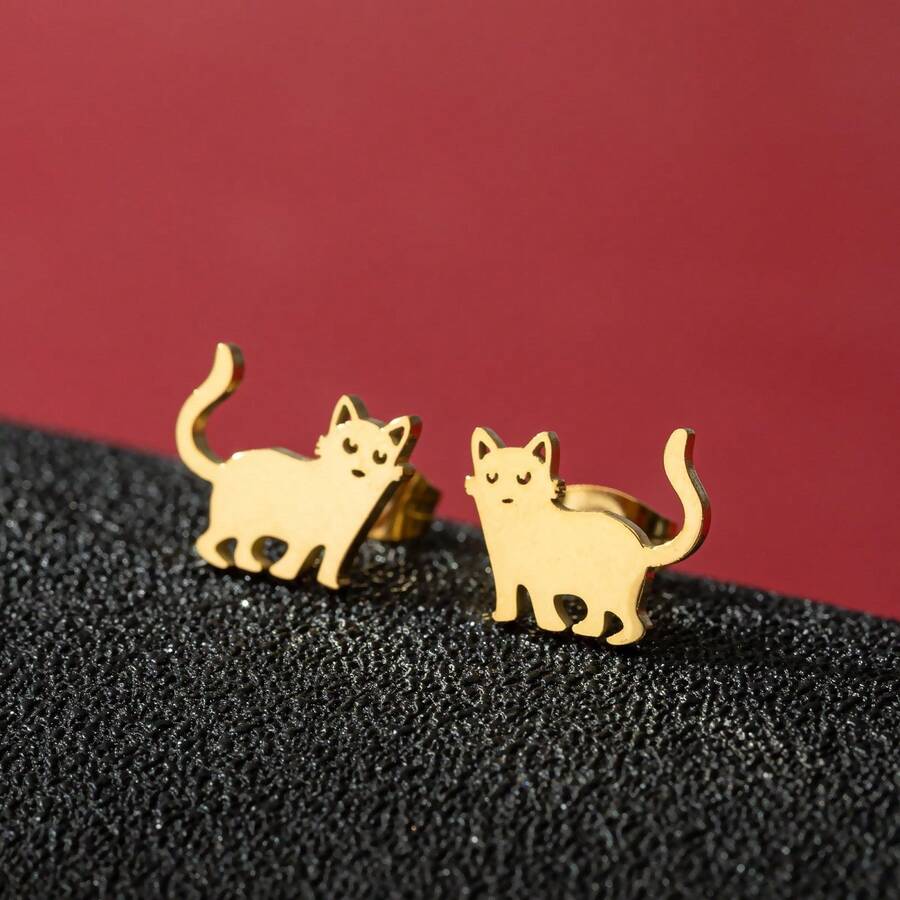 1 Pair Cute Cartoon Cat Stud Earrings, Made Of Stainless Steel. Simple Pet Cat Ear-Piercing Jewelry For Women, Suitable For Daily Wear. - GED754 - View 1