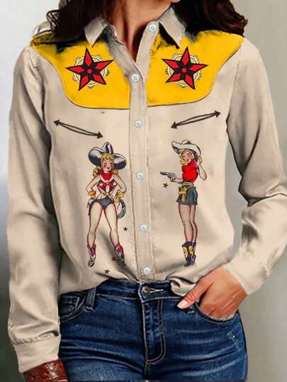 女士时尚百搭优雅卡通印花卡其色长袖衬衫，春夏款