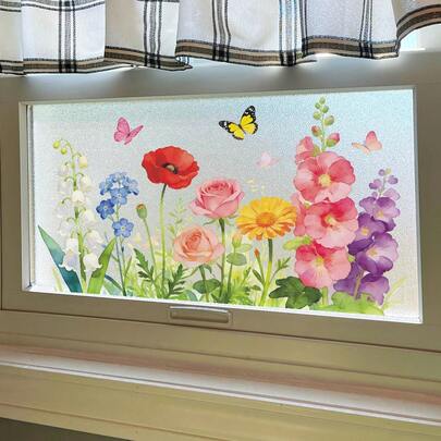 Hình dán thủy tinh họa tiết bó hoa lãng mạn và bướm, decal dán tường một mặt, in màu toàn bộ, dùng để trang trí nhà cửa.