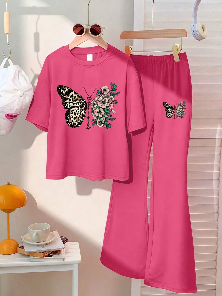 2 Stücke/Set Mädchen Leoparden Muster Schleife Blumen Rundhals Kurzarm T-Shirt + Hose, Lässig Sommer Haus- & Outdoor-Bekleidung - Heißes Pink - Übersicht 1