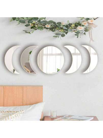 5pcs Moon Phase Design Acrylic Mirror Wall Sticker, Self Adhesive Mirror Wall Decal, Wall Decor For Home Living Room Bedroom, Ornaments