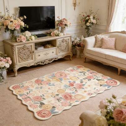 1 件花卉图案柔软绒毛地毯，复古破旧别致风格卧室装饰地毯，舒适的花卉地毯，适用于客厅、走廊、阳台，可水洗装饰地毯，家居装饰，派对装饰