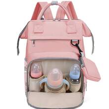 1pc Printed Mummy Backpack, Large Capacity Diaper Bag, Tissue Holder, Fashionable & Portable Maternity Bag, Can Be Hung On Stroller - Pink - View 11