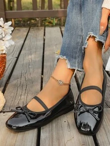 Giày bệt nữ thời trang mũi vuông bằng chất liệu PU, trang trí nơ, kiểu giày lười xỏ chân với đế PU và lót giày thoải mái, phù hợp cho mọi mùa. - màu đen - Xem 1