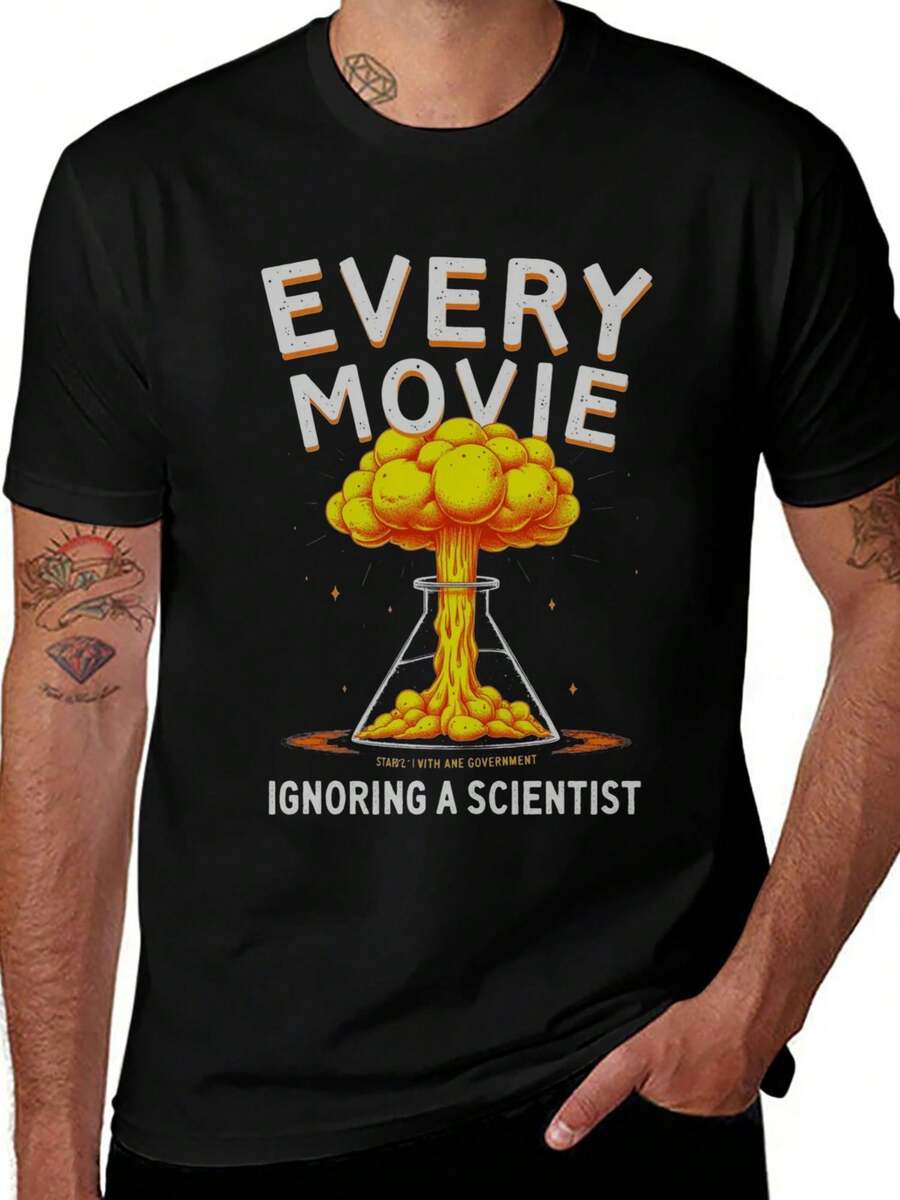 Camiseta Gráfica Cada Película Ignora a los Científicos - Diseño Divertido de Científico en Película - Camiseta Negra con Estampado Naranja y Amarillo - Camiseta Ligera de 180 g/² de Corte Holgado para Fanáticos de la Ciencia Ficción. Noches de Cine; Fiestas en el Laboratorio - Ropa de Cine para el Día a Día. Camiseta de estilo bohemio. Tela no transparente - Negro - Ver 1