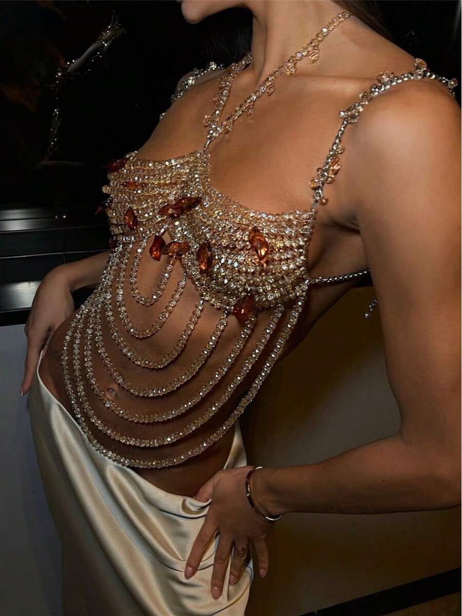 Glossmoon Xin New Beaded Bra Top, Beaded Bikini Cover-Up, Fringed Tank Top, Women's Top, Beachwear, Nightclub Bikini Jewelry - Light Gold - 查看 1