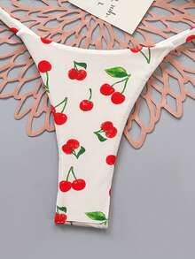 Cherry Print Spaghetti Strap Bikini Set, Suitable For Summer Beach Vacation - Multicolor - View 6