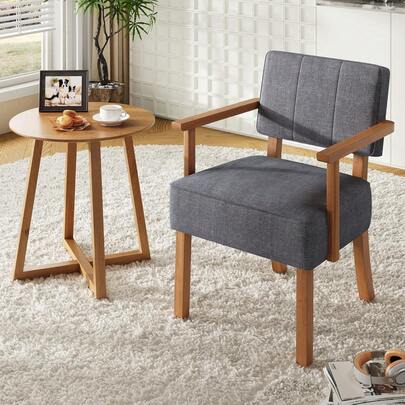 Silla de acento de mediados del siglo con marco de madera, silla de salón tapizada de tela de lino, silla de ocio de lectura con raya vertical clásica para la sala de estar, el dormitorio, el balcón