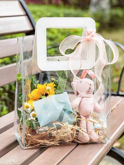 10pcs, Wedding Transparent Gift Bag With Handle Transparent PVC Gift Bag With Heavy Handle Gift Bag Suitable For Bridal Party, Shower Party, Wedding, Engagement, Housewarming Party, Graduation Party, Birthday Party, Valentine's Day, Gift Bag