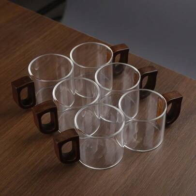 6pcs 100ml High Borosilicate Glass Cups With Walnut Wood Handles - Heat Resistant, Dishwasher , Small Tea Cups, Walnut Wood Handle Coffee Cups, Suitable For Office, Camping, Dining And More