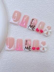 10 Stücke Y2K Nägel Schicke Entenschnabel Aufklebe-Nägel Set - Handgefertigt, rosa Nägel, weiße Nägel, weiße French Tip Nägel, handgemachte 3D Kirsche Nagelkunst, handgemalter rosa Streifen und rosa Liebes Muster Design, süße handgemalte Nägel, weiße Schleife Dekoration, zarte anmutige Nägel - geeignet für Frauen und Mädchen, Party Handgemachte Aufklebe-Nägel - Verschiedenfarbig - Übersicht 2