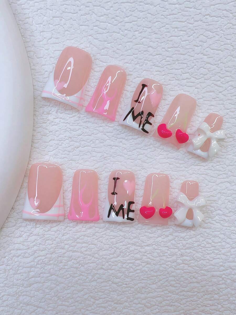 10 Stücke Y2K Nägel Schicke Entenschnabel Aufklebe-Nägel Set - Handgefertigt, rosa Nägel, weiße Nägel, weiße French Tip Nägel, handgemachte 3D Kirsche Nagelkunst, handgemalter rosa Streifen und rosa Liebes Muster Design, süße handgemalte Nägel, weiße Schleife Dekoration, zarte anmutige Nägel - geeignet für Frauen und Mädchen, Party Handgemachte Aufklebe-Nägel