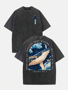 (230g T-Shirt)Men's Loose Washed Cotton "When You Go Through Deep Waters" Turtle Graphic T-Shirt, Comfortable Christian Faith Tee With Bible Verse, Breathable Retro Streetwear -  Gift Choice - màu đen - Xem 1