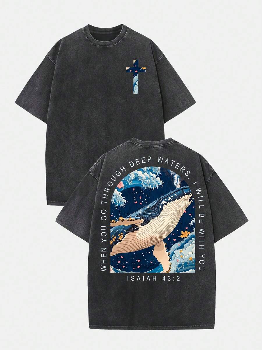 (230g T-Shirt)Men's Loose Washed Cotton "When You Go Through Deep Waters" Turtle Graphic T-Shirt, Comfortable Christian Faith Tee With Bible Verse, Breathable Retro Streetwear - Gift Choice - màu đen - Xem 1