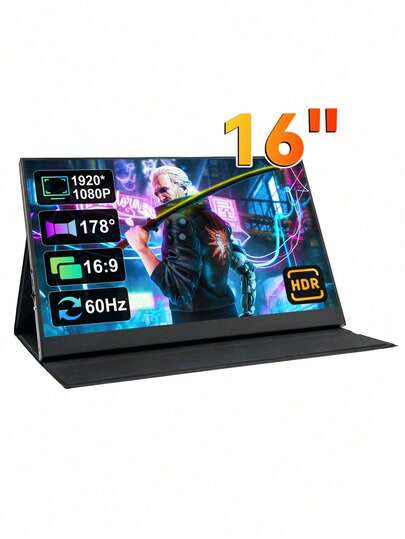 OJIAMI 16英寸便携式显示器，1080P USB-C 外接显示器，适用于笔记本电脑、手机、PS、Switch 等设备，HDR 即插即用，IPS 超薄笔记本电脑显示器