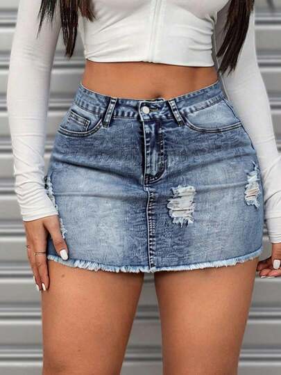 Falda vaquera de cintura alta para mujer, corta, de verano, fina, elástica, con bolsillos