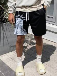 Men's Summer Sports Shorts With Statue Of Liberty Print, Drawstring And Pockets, Casual Fitness Shorts Suitable For Daily Wear, Spring/Summer - Black - View 11