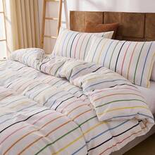 Rainbow Striped Duvet Cover Set Queen Size, 100% Cotton Bedding Set With Zipper Closure & 8 Corner Ties, Luxury Linen Like Bedding, Soft Breathable Comforter Cover For All Seasons - 彩色 - 查看 6