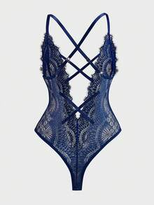Bộ jumpsuit ren xanh gợi cảm mới, nội y hở lưng cổ chữ V sâu, xuyên thấu, quà tặng bất ngờ ngày Valentine, trang phục dự tiệc. - Xanh đậm - Xem 5