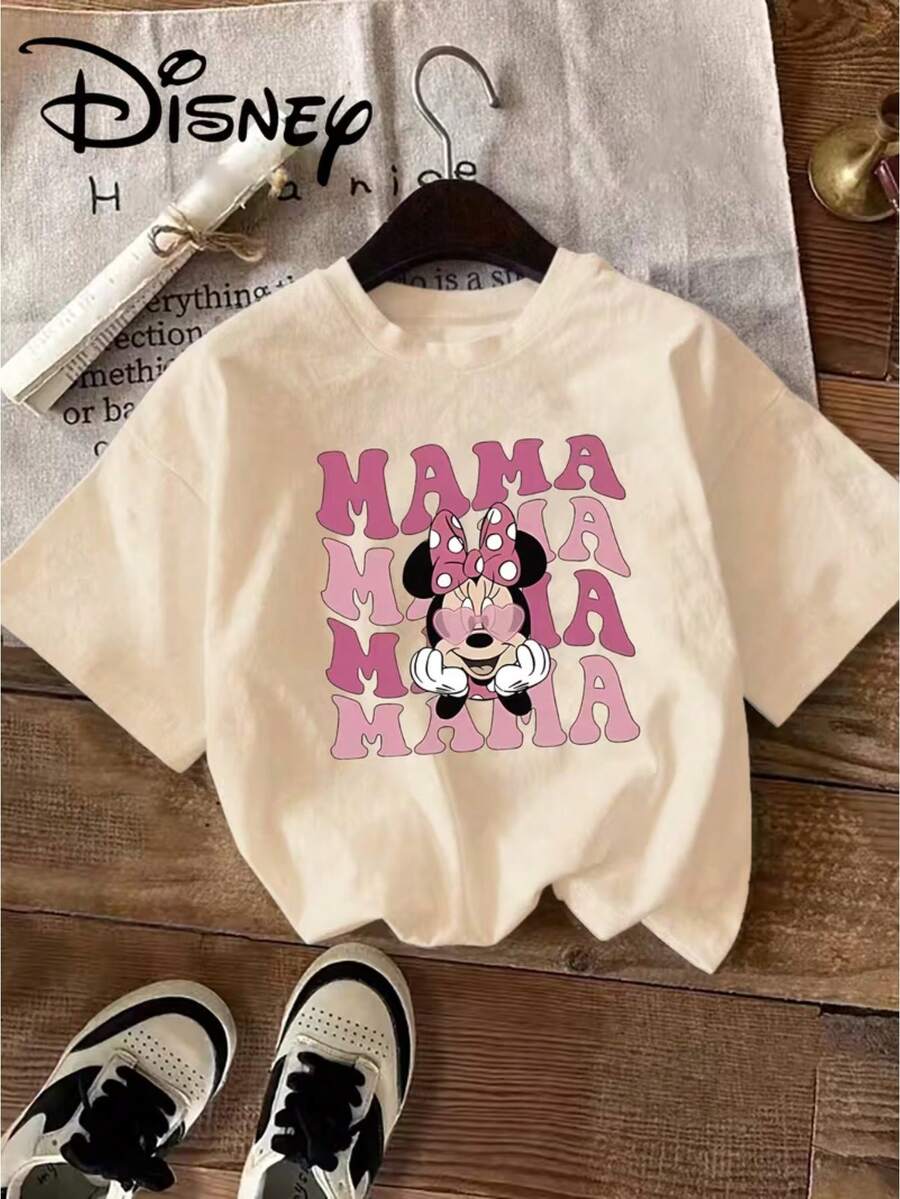 Minnie Mouse And MAMA Pattern Disney Summer New Short-Sleeved T-Shirt Blouse Ladies Casual Fashion Printed T-Shirt Ladies Elegant Women's Clothing. - Apricot - View 1