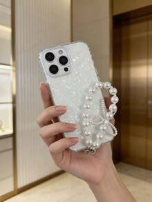 奢华炫彩贝壳纹理手机壳 + 仿珍珠蝴蝶结挂绳，兼容苹果 17、17 Pro、17 Pro Max、16 Pro Max、16 Pro、16、11、12、13、14、15、12 Pro Max、13 Pro Max、14 Pro Max、15 Pro Max，苹果手机保护壳 - 白色 - 查看 2
