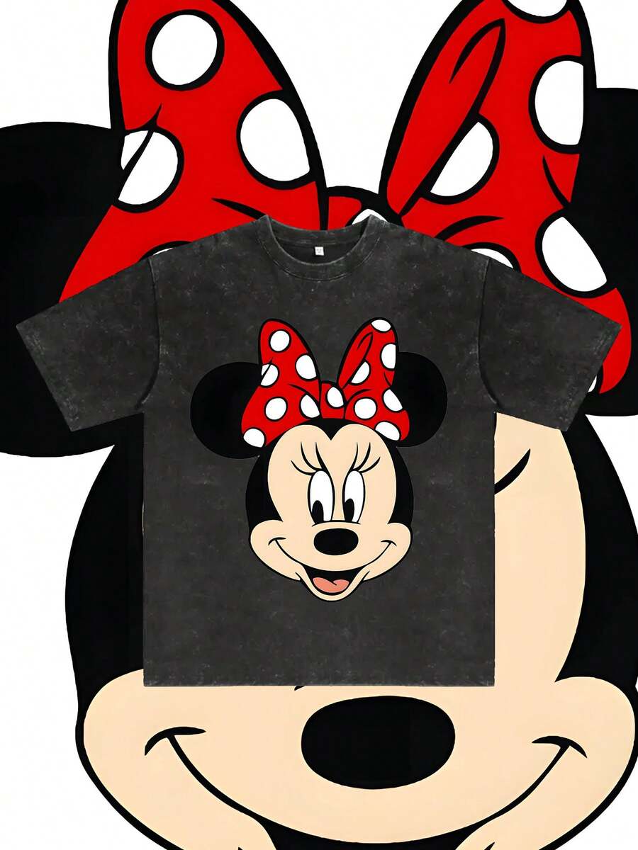 Disney Minnie Mouse Pattern, Washed Pure Cotton Short-Sleeved Men's Summer T-Shirt, Distressed Effect, One-Piece Design, Pure Cotton Fabric, Comfortable And Breathable, Casual Outdoor Street Style, Crew Neck; A High-Quality Fashion Brand, It Is An Ideal Surprise Gift For Family And Friends. - 黑色 - 查看 1