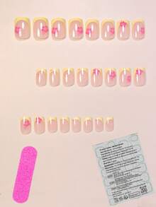 用24片短方形美甲贴片瞬间提升您的造型！优雅法式黄、奢华玫瑰粉、樱花裸色、可爱玫瑰粉波点、浅粉色全覆盖假指甲贴片，适合女性和女孩。内含1张粘合贴片和1个迷你指甲锉。随机发货。 - 黃色 - 查看 2