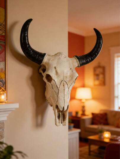 1件逼真树脂牛头骨壁挂雕塑，手工制作，西部风格装饰，适合家居装饰。高品质仿动物头骨艺术品，适用于客厅墙面、壁炉架和乡村风格房屋装饰。时尚的波西米亚风和农舍风格墙面装饰，提升家居氛围。
