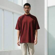 Men's Oversized Streetwear T-Shirt, High Neck, Minimalist, Sophisticated, Perfect Fit - Maroon - View 1
