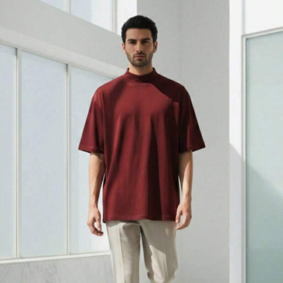 Men's Oversized Streetwear T-Shirt, High Neck, Minimalist, Sophisticated, Perfect Fit - Maroon - View 1
