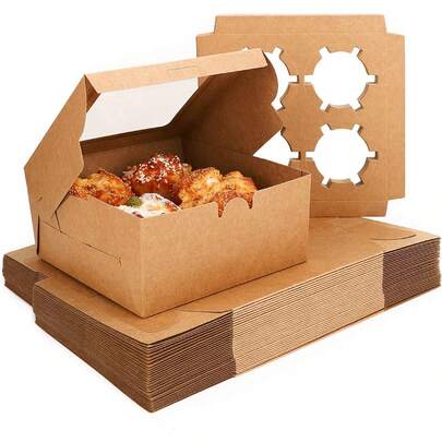 12pcs Cup Cake Boxes With Inserts And Display Window, Natural Kraft Paper Cup Cake Baking Transport Boxes, Fits 4 Cup Cakes (6.4" X 6.3")