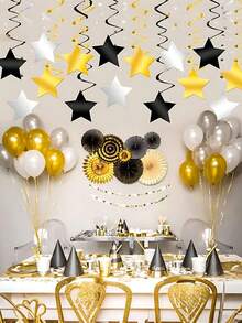 24 pièces Décorations suspendues en étoiles noires, dorées et argentées, décorations à franges en métal et plastique, convient pour les fêtes d'anniversaire, les cérémonies de remise des diplômes, les mariages, les baby-showers, les décorations d'anniversaire, les décorations du Nouvel An - multicolore - Voir 7