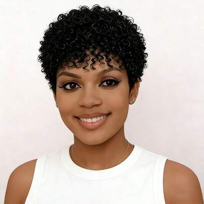 Afro Curly Wave Wig Short Pixie Cut Wig With Bangs Fluffy Jerry Curly Wigs For Women Glueless Human Hair Wig Beginner Friendly Curly Wig Ready To Go No Lace Wig