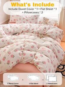 Juego de ropa de cama de 4 piezas con estampado de conejo rosa estilo coreano Ins (1 funda nórdica + 2 fundas de almohada + 1 sábana plana, sin edredón ni almohada), de microfibra suave, adecuado para dormitorio principal, habitación de invitados, dormitorio, impresión de alta definición, lavable a máquina, disponible en tamaños pequeño/grande/individual/doble - Rosa - Ver 5