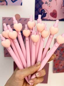 6支粉色硅胶心形按压式圆珠笔，卡通设计文具笔 - 愛心 - 查看 1