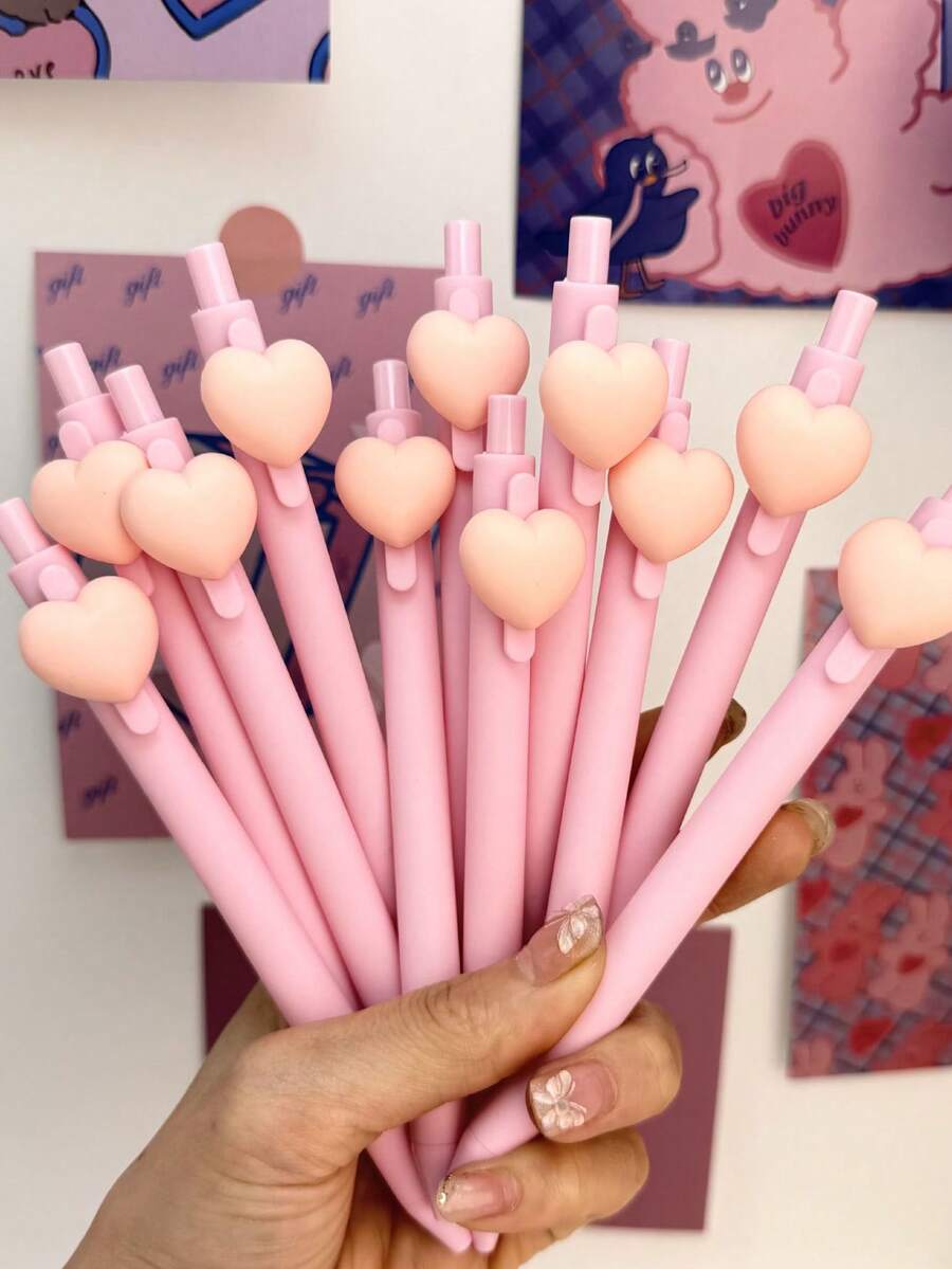 6支粉色硅胶心形按压式圆珠笔，卡通设计文具笔 - 愛心 - 查看 1