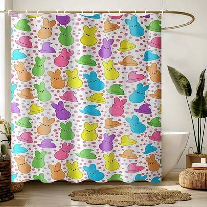 1pc/3pcs/4pcs Easter Shower Curtain, Rabbit & Eggs, Waterproof Single Shower Curtain Bathroom Shower Curtain Set Curtain, Bathroom Decoration Set Curtain With Carpet Including Waterproof Shower Curtain, Non-Slip Carpet, Toilet Seat, Bathroom Mat And 12 Plastic Hooks, Bathroom Bathroom Dry And Wet Separation Curtain