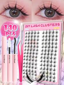 Eimny 140片装漫画风格假睫毛套装，D型卷翘自然款假睫毛，11毫米混合长度，纤细轻盈的DIY假睫毛套装，含睫毛胶、镊子、刷子，适合旅行、日常、婚礼、派对及初学者在家DIY假睫毛，美睫师必备用品。 - 彩色 - 查看 2