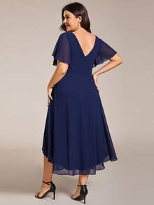 EVERPRETTY Plus Size Elegant Chiffon V-Neck Pleated Front Navy Blue Bridesmaid Dress, Soft High-Low Ruffle Hem Suitable For Wedding, Formal Evening Events - Navy Blue - View 2