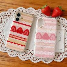 Cute Sweet Girl Series Cream Strawberry Cake Lace Bowknot Phone Case Waterproof Shockproof Anti-Fall Scratch Resistant For 17 16 15 14 13 12 11 Pro Max And Galaxy Series.Christmas Accessories. - 粉色 - 查看 10