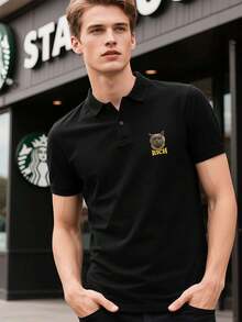 PLUS SIZE Black Cat Embroidered Polo Shirt Rich 100% Cotton, Loose Fit, Comfort Fit, Street Hip-Hop, Art Print - màu đen - Xem 2