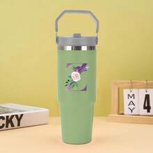 30oz Water Bottles Stainless Steel Insulated Tumbler With Carry Handle Double Walled Leak Proof Fits Most Cup Holder Water Cup With Lid And Straw For Gym Home Office Travel A-Z Purple Pattern - Green - View 17