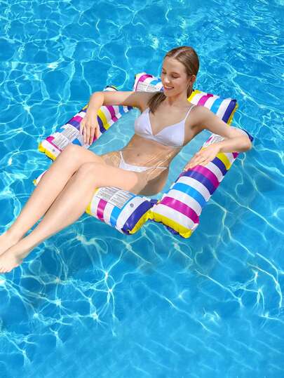 1 pieza Silla flotante inflable, Cama flotante plegable a rayas, Hamaca de recreación acuática, Silla flotante reclinable para una persona, Hamaca a rayas de 4 tubos de colores