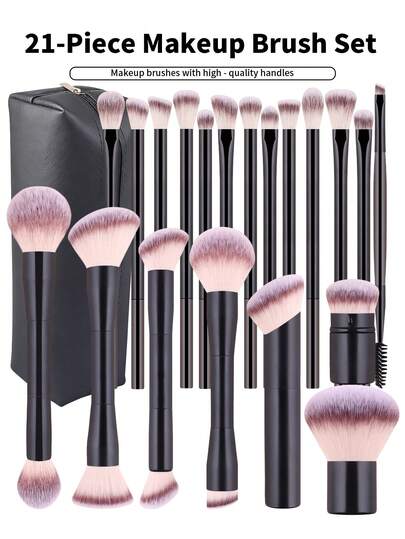 8pcs/13pcs/21pcs Professional Aluminum Tube Makeup Brush & Sponge Puff Set, Includes Retractable Foundation Brush, Dual-Ended Powder Brush, Blush Brush, Highlighter Brush, Contour Brush, Eyeshadow Brush, Blending Brush, Concealer Brush, Etc. Made Of Soft Skin-Friendly Fibers, Portable And Suitable For Travel, Great Gift For Women/Girls