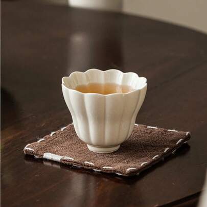 Handmade Plant Ash Glaze Ceramic Teacup With Lace Trim - Minimalist Kungfu Tea Set Cup For Aroma Tasting, Elegant Tea Cup
