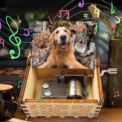 Funny Dog & Cat Selfie Hand Crank Music Box | No Battery Mini Wooden Keepsake Plays "You Are My Sunshine"