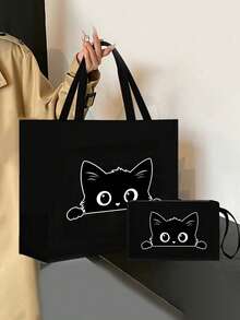 猫咪主题手提包套装：包含1个黑色卡通猫咪图案手提包和1个小收纳袋/钱包，时尚大容量化妆包，旅行化妆包，适合婚礼、生日、海滩、度假等场合。拉链纯色包，适合上学、大学使用。 - 彩色 - 查看 5