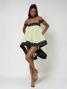 Ruffled Irregular Hem Dress Women Sweet Polka Dot Print Patchwork Slash Neck Sleeveless Backless Elegant Chic Bodycon - 香檳色 - 查看 1