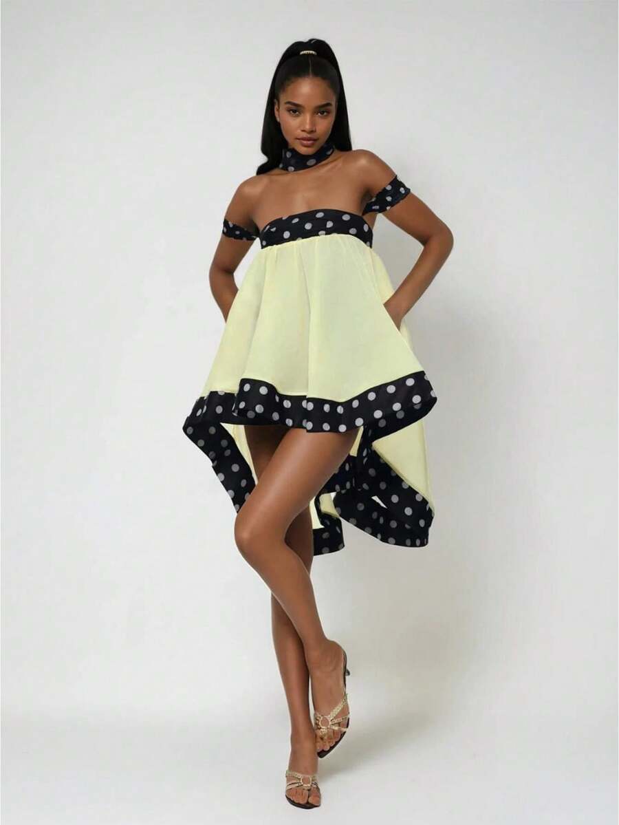 Ruffled Irregular Hem Dress Women Sweet Polka Dot Print Patchwork Slash Neck Sleeveless Backless Elegant Chic Bodycon - 香檳色 - 查看 1