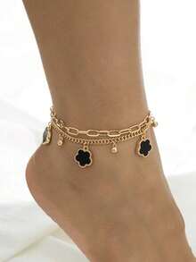 1Pc White Bohemian Anklet For Women, Handmade Oil Drop Four-Petal Flower Multilayer Summer Jewelry - màu đen - Xem 9